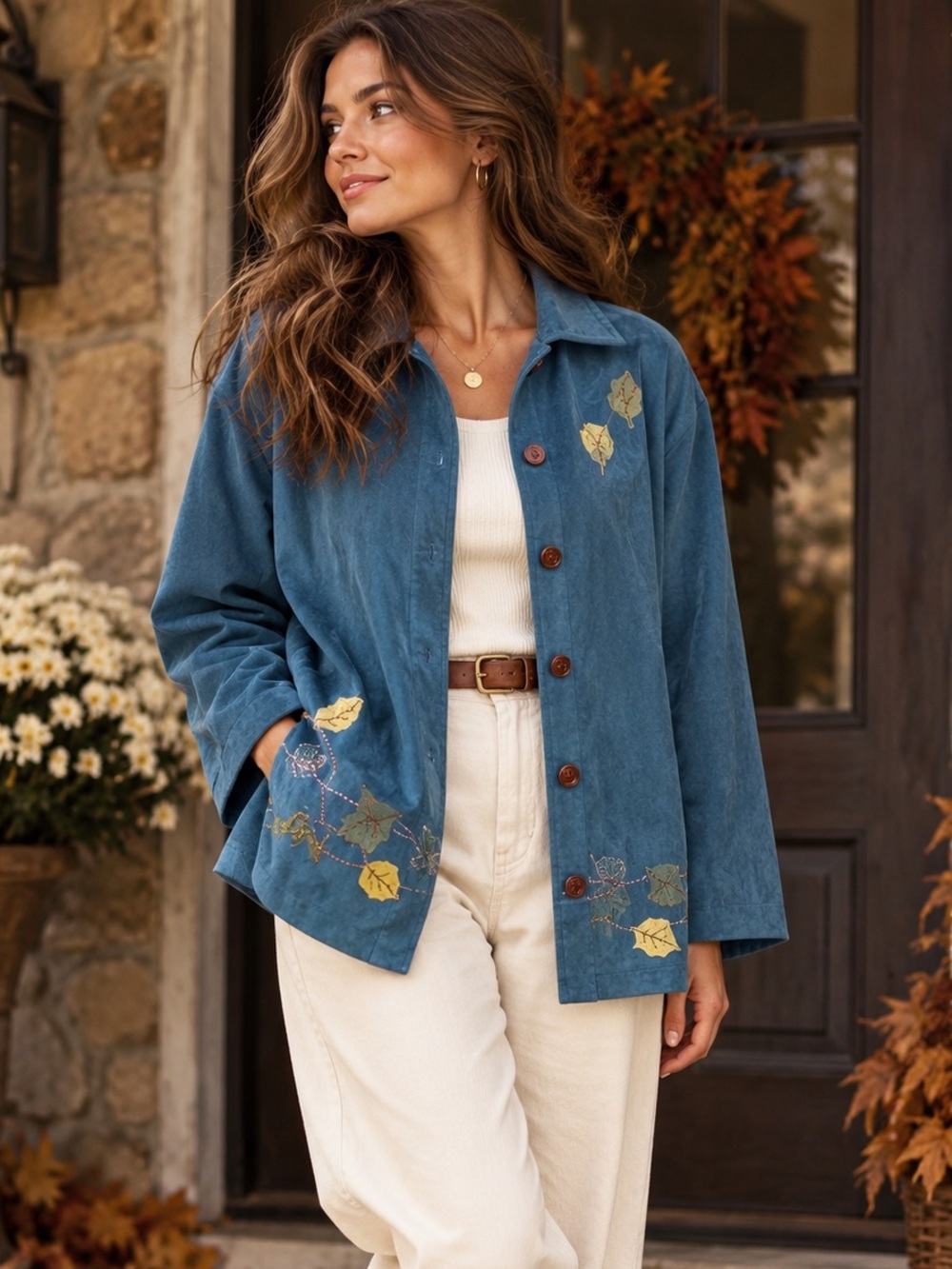 Vintage TEDDI XL Blue Embroidered Fall Leaf Jacket Grandpacore Cottagecore Fall
